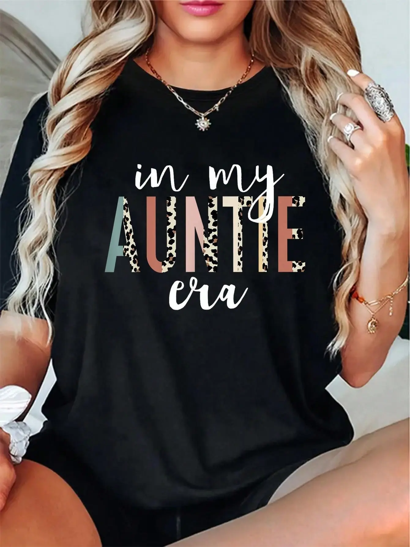 Women's 100% Cotton Short-Sleeve Printed T-Shirt - Unisex Auntie Era Leopard Design, Casual Everyday Fit Piece, Comfy, Machine Washable, Ideal Gift For Aunts, Shortsleeve, Round Neck, Fabric, Soft