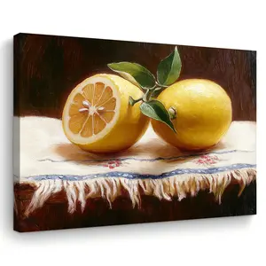 Room Decoration 1 Piece Art Oil Painting Canvas Print, Two Lemons on the Table, Fabric Wooden Frame, Home and Office Decoration, Bachelorette Party Gift