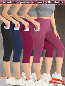 4 PCS Women's High Waist Sporty Cropped Pants, Spring & Fall Wearable, Elastic Yoga Cycling Leggings, Skinny Yoga Bottoms, Side Pocket Leggings, Stretchy Workout Leggings