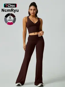 Women's High Elastic Soft Deep V-neckline Beautiful Back Bra Beveled Edge Turnable Wide Leg Pants Yoga suit Outdoor Running Cycling Walking Fashion suit Gym Training Sports Outer Wear Bra Flared Pants Yoga Clothes Set