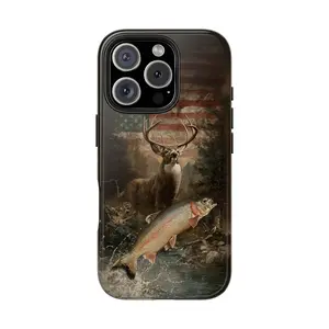 Impact Resistant Phone Case for iPhone 16 15 14 13 12 11 Pro Max with Deer & Fish Design USA Flag Pattern Gifts for Fishermen Nature Enthusiasts Hunting Accessories Lexan Plastic Construction Flexible Rubber Liner UV Protection