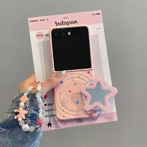 Korean Cute Pink Wave Point Magnetic Mirror Star Holder Bracelet Case For Samsung Galaxy Flip7 Flip7FE Zflip6 5 Zflip5 Cover