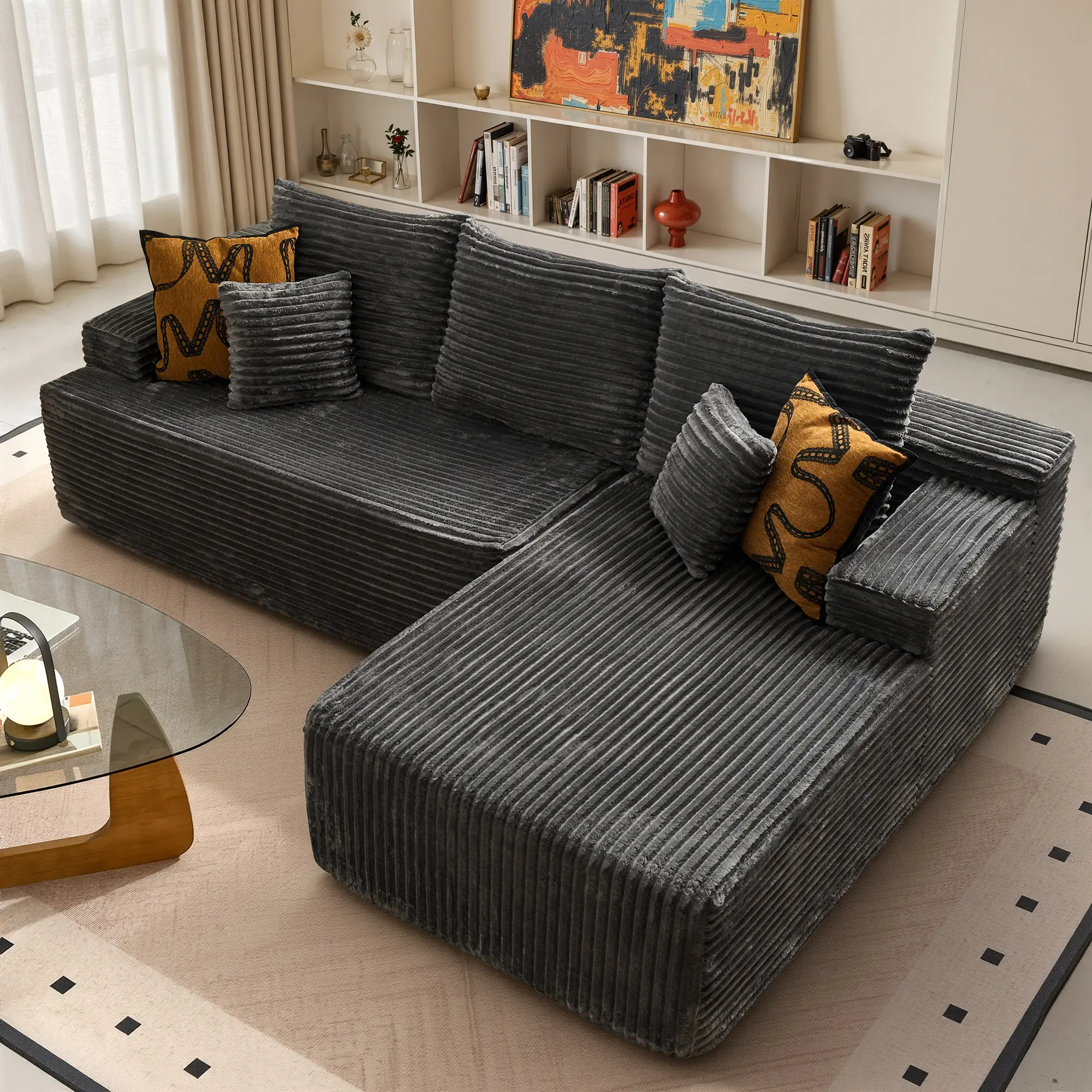 97" Grey L-Shaped Sofa Right Chaise 2