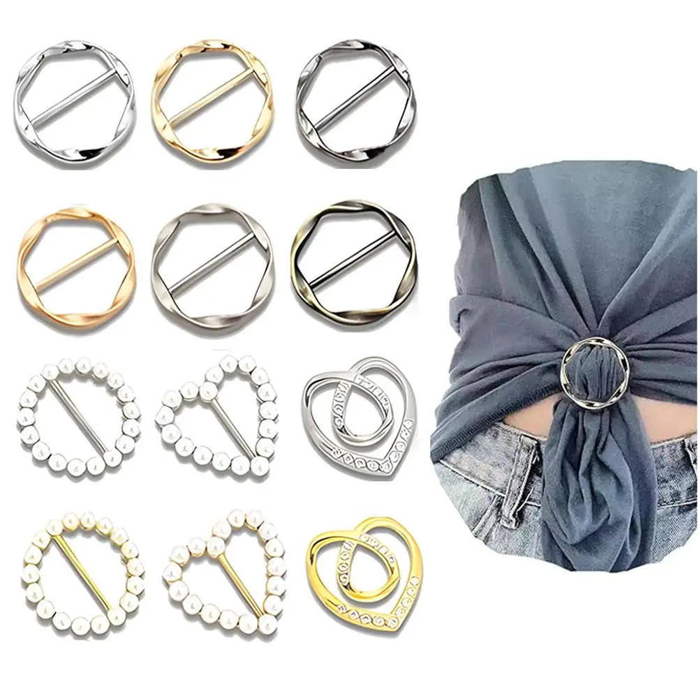 Fashionable Rhinestone Decorated Scarf Ring (12pcs/set), Mixed Style Round Shirt Clips for Women Clothing, Stylish Clasp Slides Waist, Ring Wrap Holde