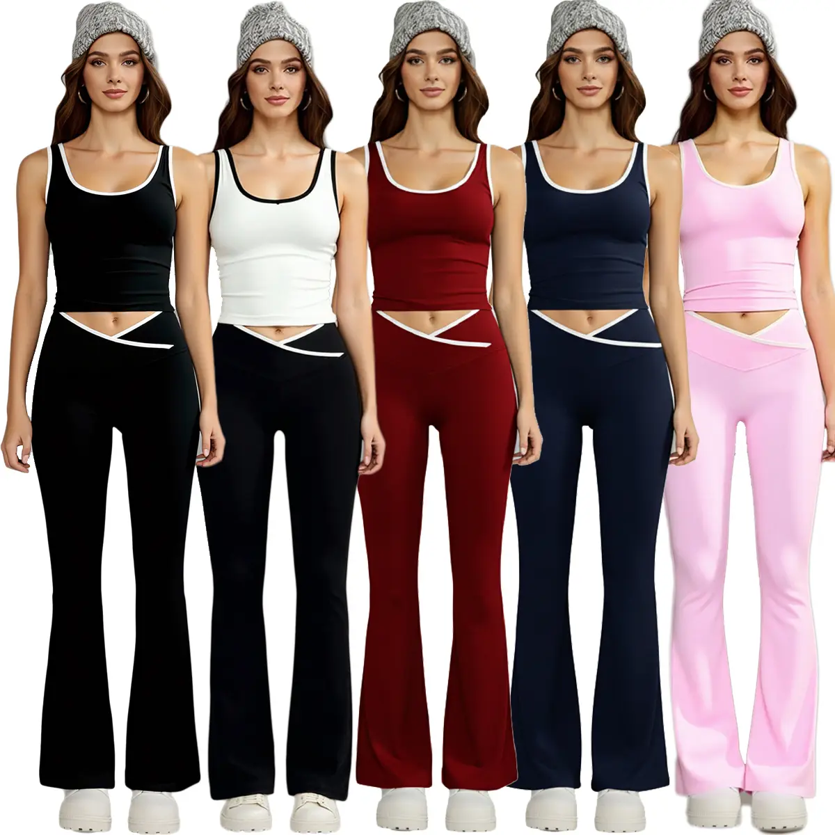 Women's Two-Piece Set Colorblock Contrast Binding Crop Tank Top & Flare Leg Pants Tracksuit Scoop Neck Sleeveless Cross Waist Bell Bottom Yoga Fitness Casual Breathable Sportswear Flared Joggers Athleisure Wear Set, Fitness Clothing, Yoga Clothes Set