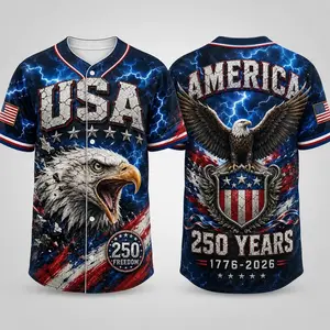 Men's 2026 Navy Short-Sleeve Button-Down Baseball Jersey - 250th Anniversary Shirt, Bald Eagle Graphic, America 250 Back Print, Lightning Flag Design, Shield Emblem, Sports-Inspired Men's Baseball Tops, US Pride Nation Pride