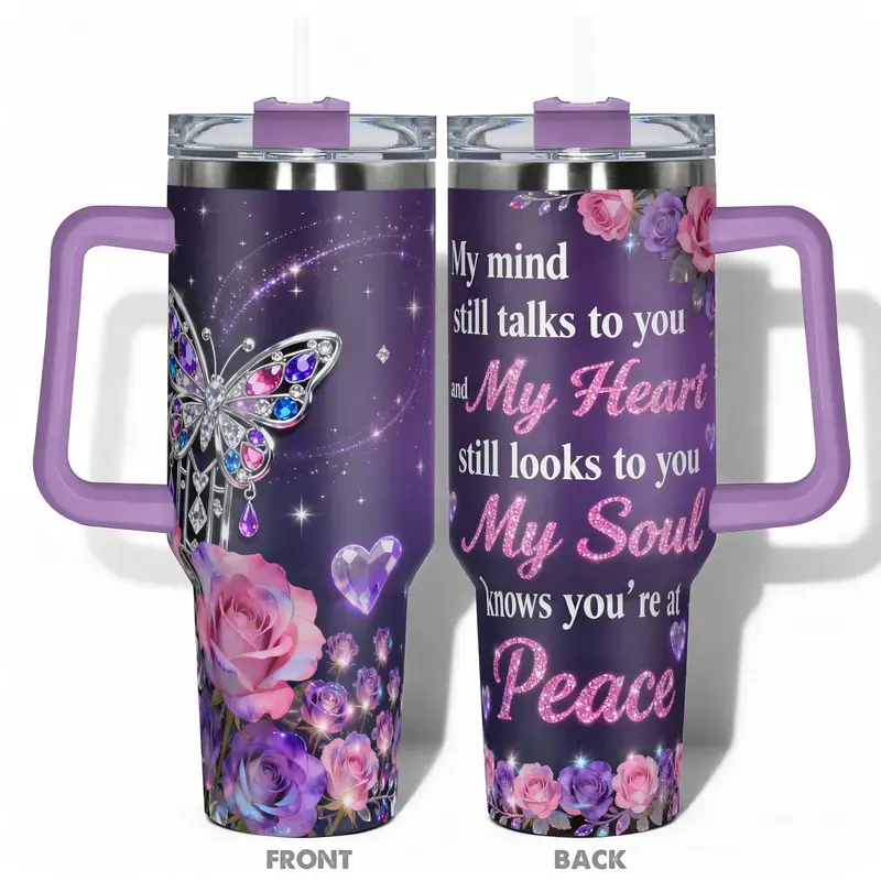 40 oz insulated water bottle, featuring a butterfly and rose design, double-walled leak-proof insulation, and a large capacity, ideal for the gym, hiking, and travel. Perfect as a birthday or Christmas gift.