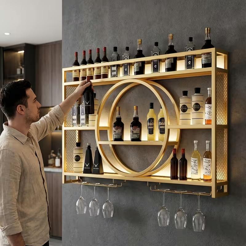 47-Inch Spacious Wall-Mounted Wine Rack Featuring a Glass Holder, 3 Tier Bottle Rack with LED Lights, Floating Display for Kitchen Living Room Bar Area Modern Wine Shelf High Quality Durable Metal Construction for Home Bartenders And Wine Enthusiasts