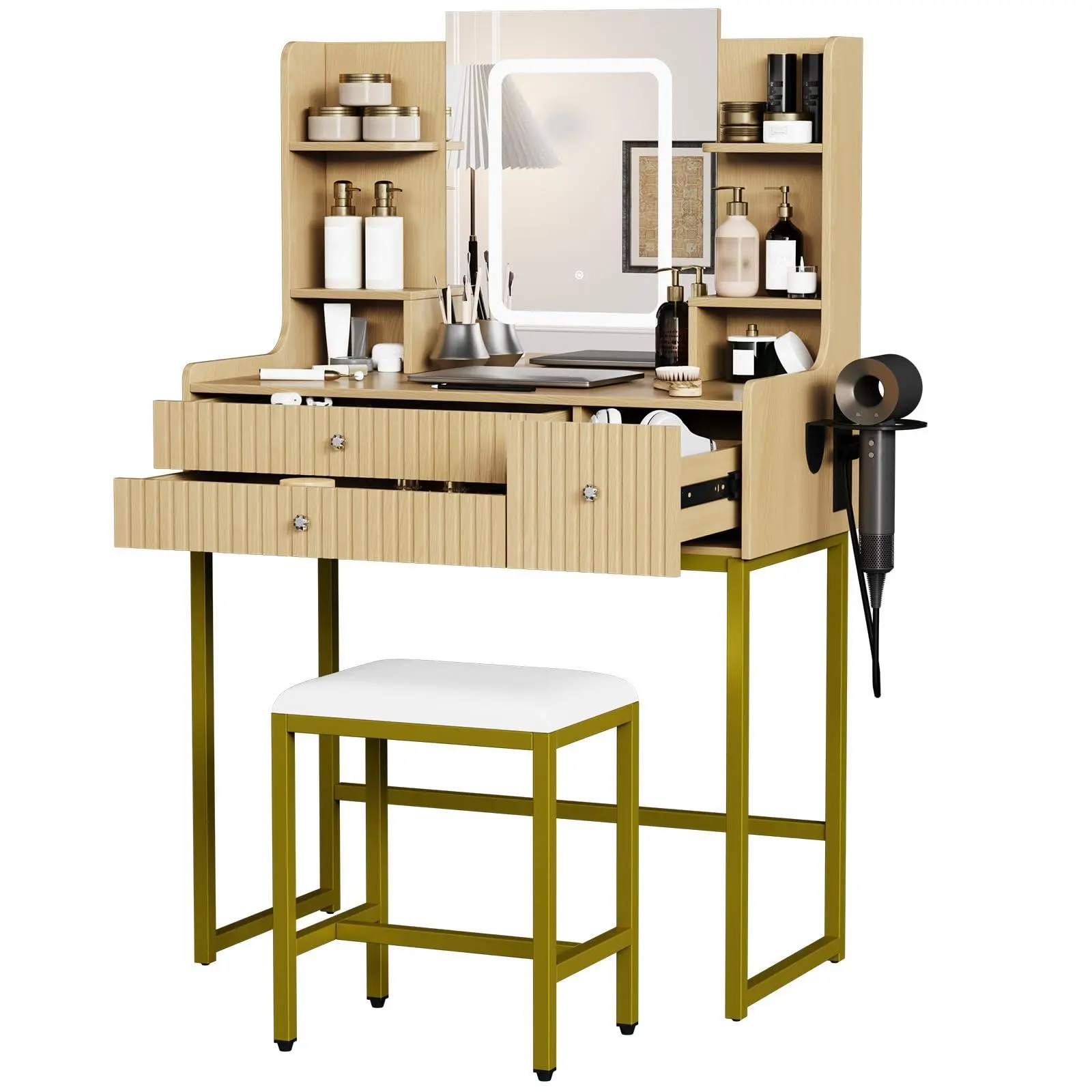 Fluted Makeup Vanity Desk with Mirror & Lights, 3-Drawer Dressing Table | Small Vanity Table with 4 Storage Shelves, Modern Fluted Drawer Fronts, Compact Design for Bedroom & Apartment, Easy Assembly