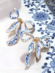 Vintage Oil Painting Style Blue Porcelain Bow Earrings, Fashion Enamel Ribbon Studs, Casual Geometric Pattern, Perfect for Gifts