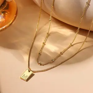 Golden double-layer square 26-letter label necklace for girls' names jewelry