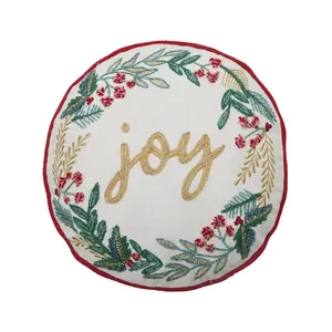 Peking Handicraft 31DD68C14RD 14 in. Festive Greenery Joy Embroidered Poly Fill Pillow, Multi Color