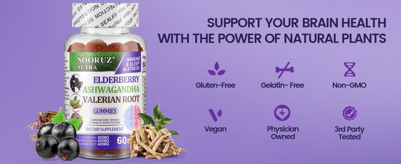 TikTokShopBlackFriday  Elderberry Ashwagandha Boost Immune System, Improve Sleep, Boost Memory and Brain Energy - Contains Valerian Root and Magnesium, All-in-One, Suitable for Men and Women 60 Gummies Natural Organic Supplement Plant Based Supplement