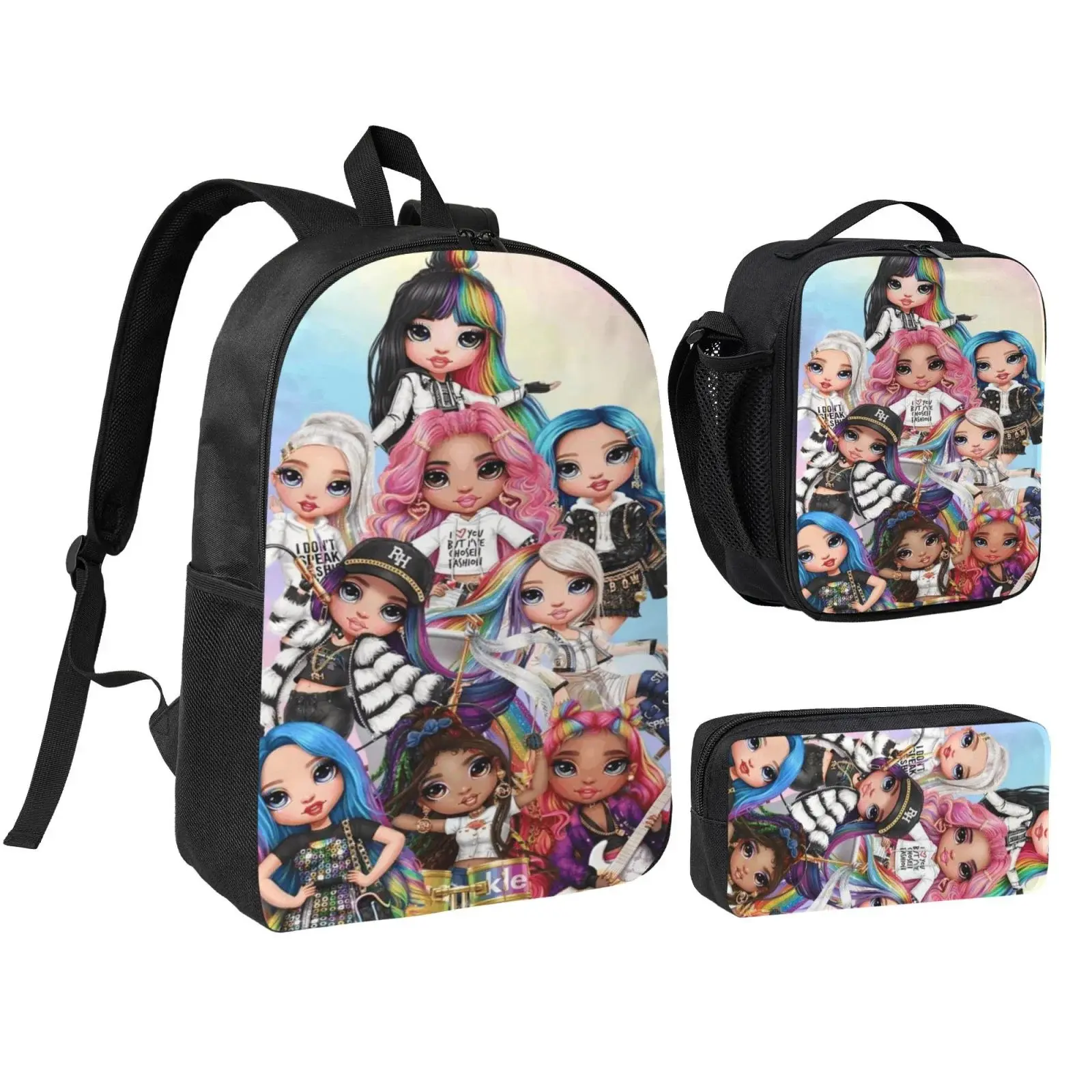 Chic Rainbow High 3-Piece School & Office Supplies Set - Oxford Cloth Youth Backpack with Adjustable Shoulder Strap, Large Capacity Lunch Bag, Minimalist Lightweight Pencil Case for School & Office Use, Hand Wash Only, Do Not Bleach