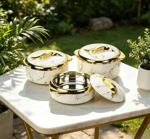 3-Piece Modern Stainless Steel Insulated Pot Set, Marble-Patterned Casseroles with Lids, Heatproof Baking Dishes for Buffet and Everyday Use, Home & Party Supplies