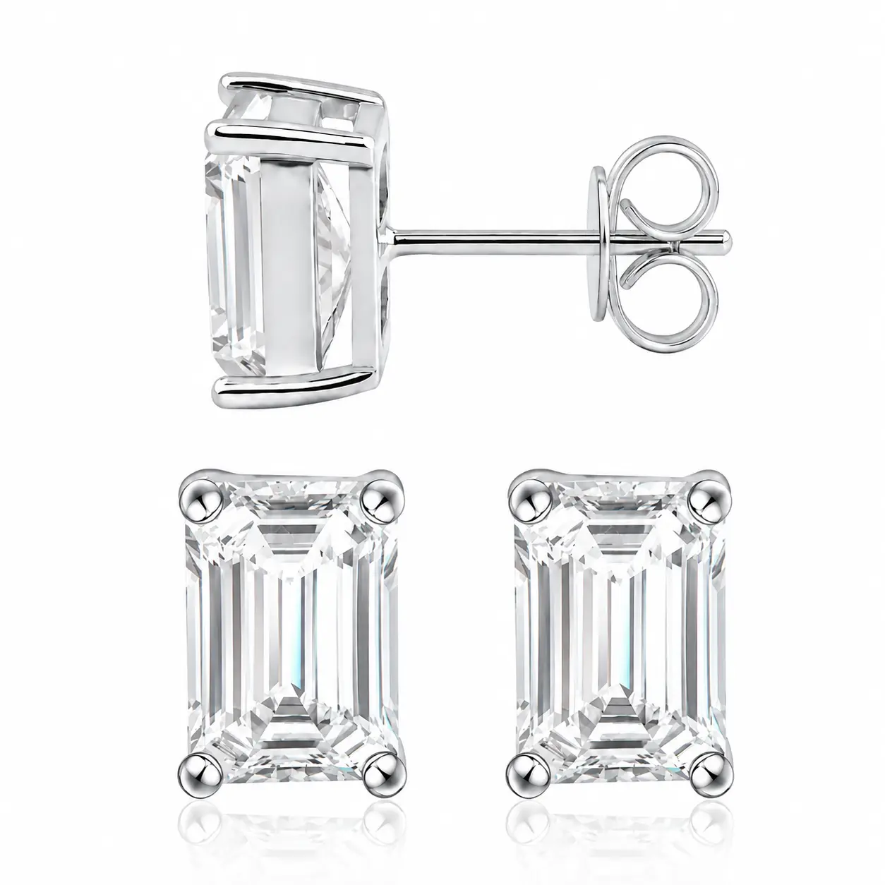D Color Emerald Cut Moissanite Stud Earrings, 925 Sterling Silver 4-Prong Artificial Gemstone Earrings birthday valentine anniversary gift