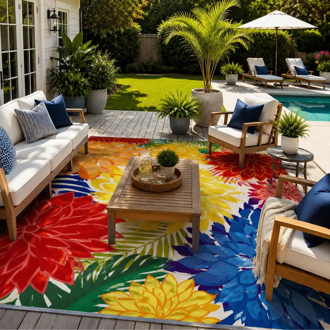 Tyrot Tropical Feel Decorative Floral Area Rug – Waterproof, Washable, Non-Slip Low Maintenance Chenille Porch Decor for Deck, Backyard Botanical Area Rugs Flatweave Outdoor Rug Patio Rugs,back to school,dorm essentials,home decor,home essentials