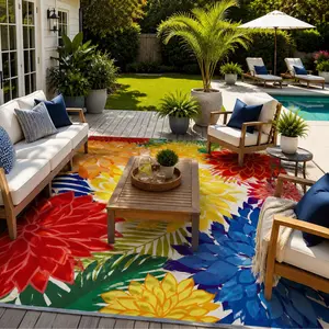 Tyrot Tropical Floral Outdoor Rug – Waterproof, Washable & Non-Slip Patio Carpet for Deck, Backyard & Porch | Colorful Botanical Chenille Rug