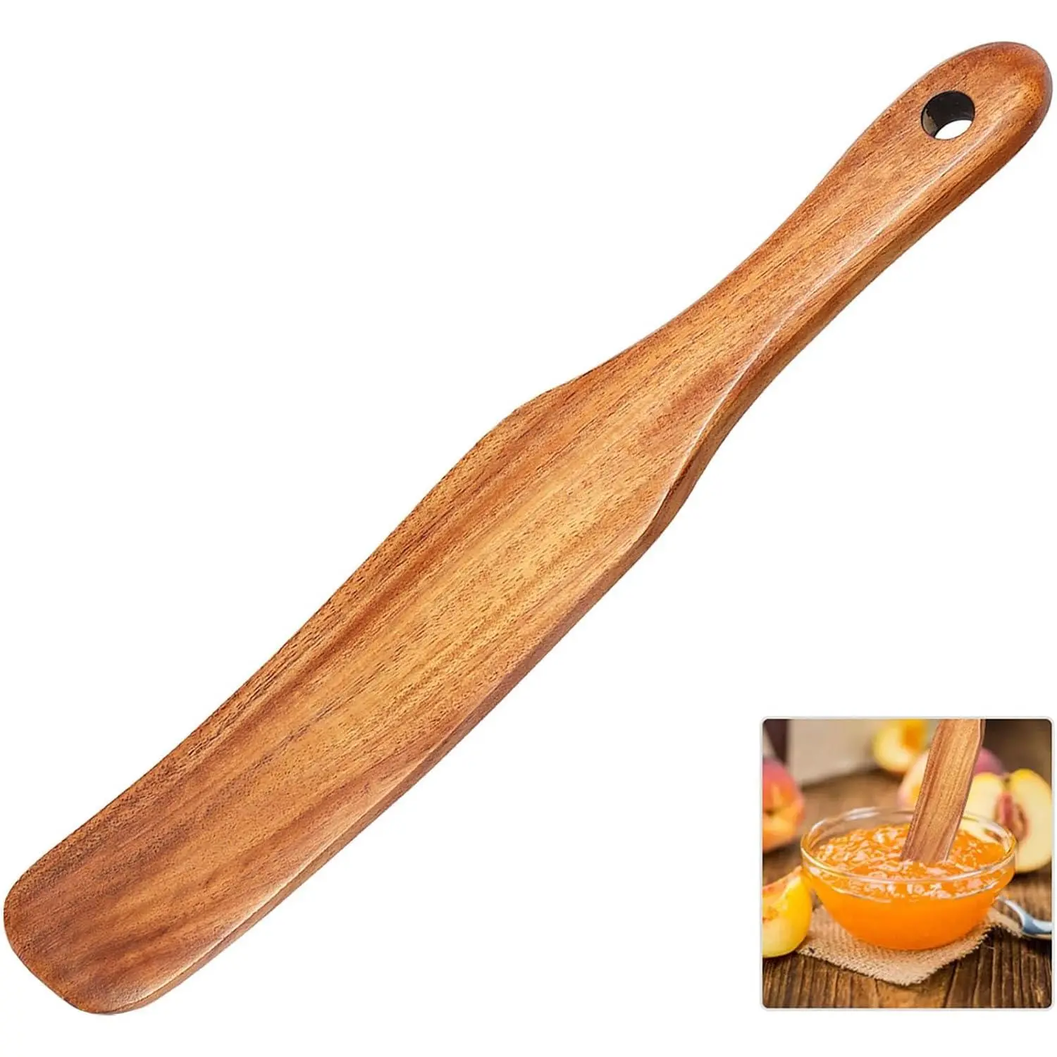 Sturdy Teak Wooden Spatula - Stirring & Scraping Kitchen Utensil with Flat Edge for Non-Stick Cookware, Sourdough Starter & Bread Dough Jars