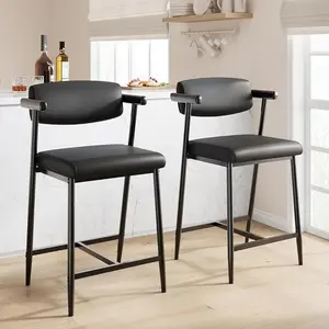 Gaomon Barstools Set of 2, 26.5" Upholstered Counter-Height Barstools with Armrests, Wide Thick Cushions & Backrests, Retro Black Seating for Dining Room, Kitchen
