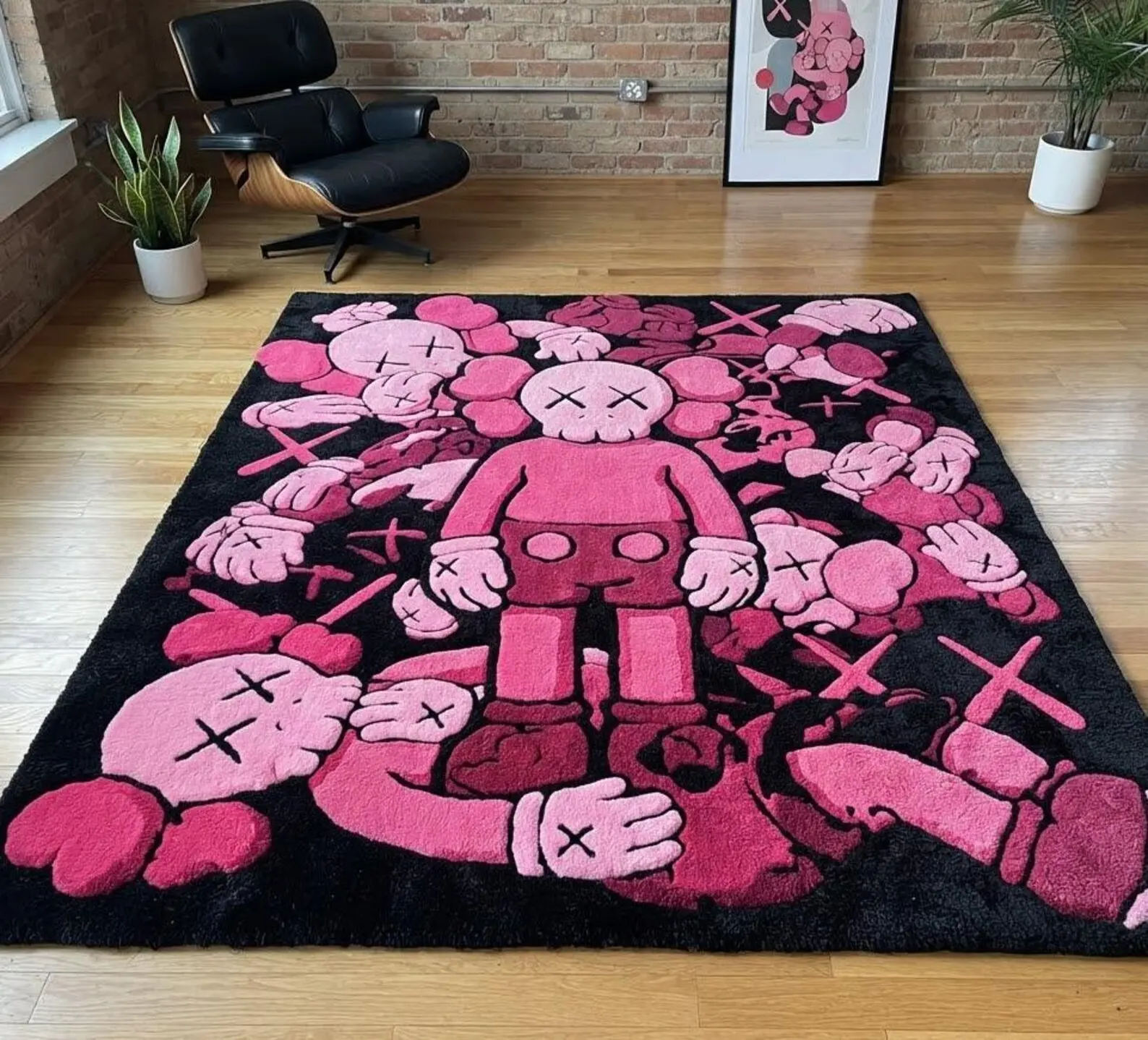 KAWS-Inspired Pink Hand-Tufted Wool Area Rug, Abstract Pop Art Luxury Hypebeast Home Decor
