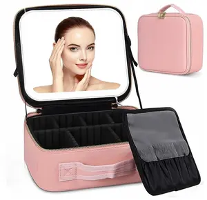 Makeup Train Case with Light & Mirror Large Cosmetic Organizer with Adjustable Dividers for Cosmetics,10X Magnifying Makeup Mirror,Pink