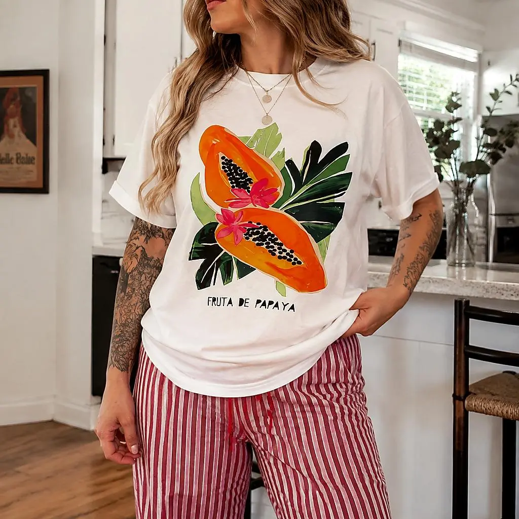 Papaya Tropical Fruit Print Summer Oversize Tshirt For Women Casual Crewneck Soft Short Sleeve Tops Vacation Beach Daily Wear Cute Trendy Aesthetic Clothes