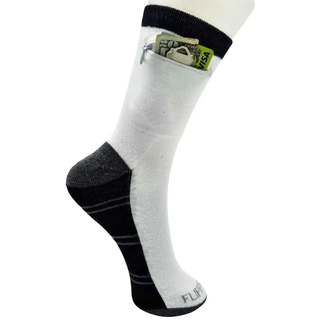 Flippysox Zipper Sock Wallet - Cotton & Polyester Zipper Socks with Pockets - Fits shoe size 6-13 (Striped Black Gray)