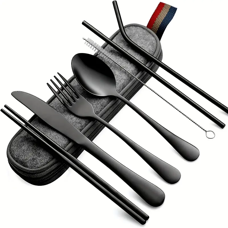 Stainless Steel 8-Piece Compact Flatware Set - Portable Travel Camping Cutlery with Knife, Fork, Spoon, Chopsticks, Straws, Cleaning Brush & Case, Silvery Home Supply, Straw, Includes Brush