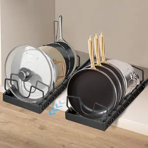 2 Pack Pull Out Pots and Pans Organizer Under Kitchen Cabinet, Pot Lid Organizers, Slide Out Cookware Storage Rack with 8 Adjustable Dividers, Pull Out Shelves for Dishware Seasoning, Black
