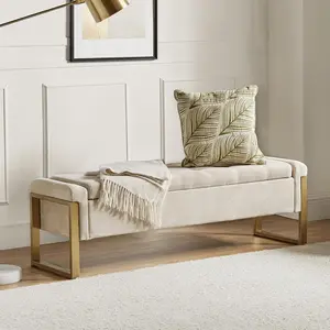 HOME Beige Storage Ottoman Bench with Metal Legs, 55-inches Extra Long Accent Bench for End of Bed, Comfy Upholstered Footstool
