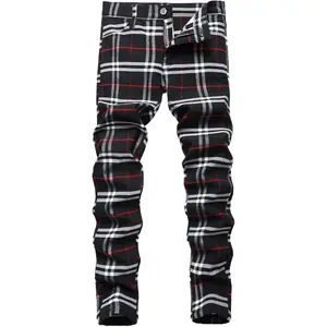 2026 Men's Stretch Slim Fit Flat-Front Casual Skinny Chinos Plaid Dress Pants