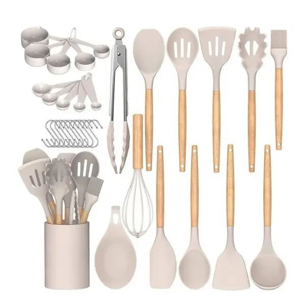 33PCS Silicone Kitchen Utensils Set with Holder, Nonstick Heat Resistant Cooking Tools, Wooden Handle Spatula Turner Whisk Ladle Kitchen Gadgets Set Khaki