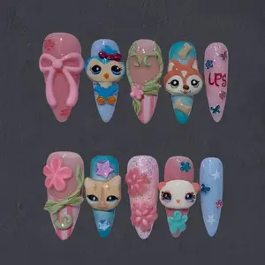Y2K Littlest Pet Shop Press-On Nails – 3D Animal Charms, Kawaii Nail Art