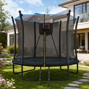 8FT High-Bounce Outdoor Trampoline with Enclosure Net, 2-Step Ladder, Galvanized Steel Frame, UV-Proof Safety Net, Foam Padded Poles, Black Fabric-Metal Construction for Backyard Kids’ Recreation, High-Bounce Outdoor Trampolines