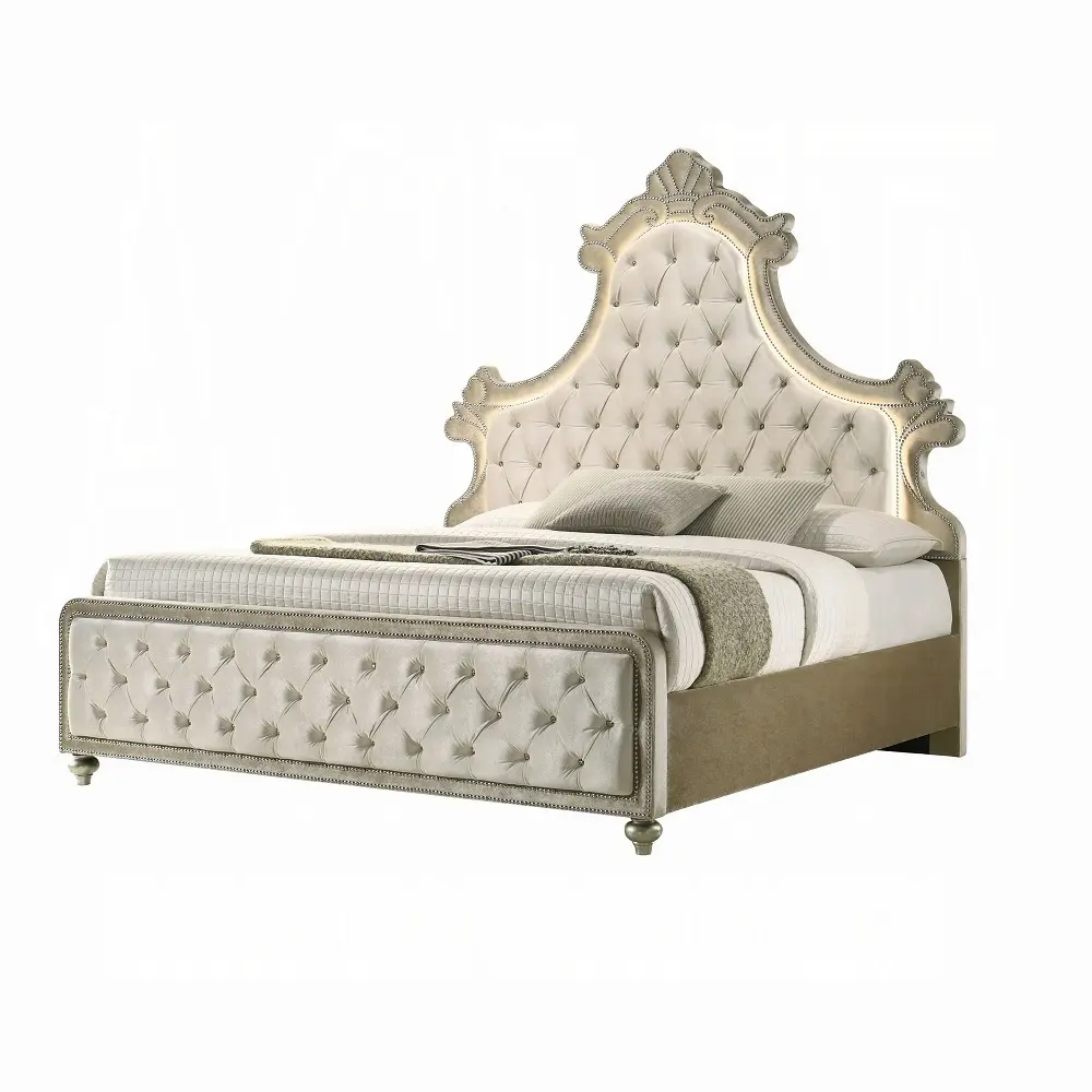 BD02335Q Lucienne Beige Velvet Tufted Ornate Queen Bed with LED Lighting