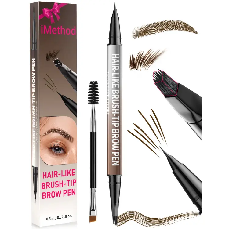 iMethod Original 4D Brush Tip Waterproof 2-in-1 Dual-Ended Cosmetic Eyebrow Pen - Thickener, 3D Shaping, Microblending, Hair Growth Mimicry, Long-Lasting Hold, Natural Makeup Pencils (02# Dark Brown, 06# Grey) for Adults