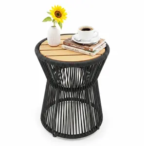 20-Inch Round Patio Rattan End Table with Wood Top - Small Outdoor Coffee Table for Backyard, Poolside & Balcony
