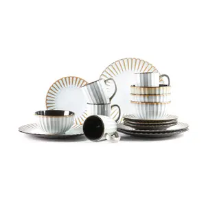 Promotion Golden Beige Stoneware Embossed 16pc Dinner Set High Luxury Fine Ceramic Sets Microwave Safe Dinnerware Sets