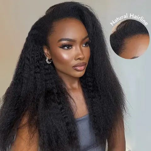 [3 In 1 Half Wig] Midulla Kinky Straight Kinky Curly Half Wig with Drawstring Ready to Wear Glueless Wigs Human Hair Seamless Flip Over Wig 180% Density Beginner Friendly