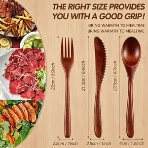 24 Pcs Wooden Utensils Set – Natural Wood Spoon Fork Knife Cutlery for Kitchen, Dinner & Party, Eco-Friendly Reusable Wooden Flatware Includes Spoon, Fork, Knife