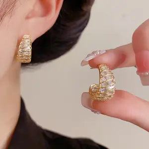 Unique S925 Sterling Silver Earrings with Zirconia, C-Shaped Hoop Design, DDES0700, Exquisite Fashionable Light Luxury, High-End Feel, Super Shiny, 14K Gold Plated