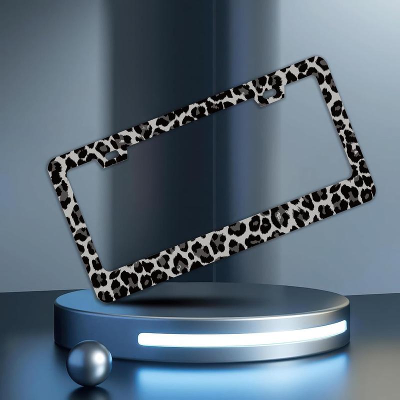 Black Gray Leopard Print License Plate Frame - 2 Holes Stainless Steel Metal Auto Car Accessories Decoration License Plate Frame Size 6.3" x 12.2" Fit US Vehicles for Women Men Gift