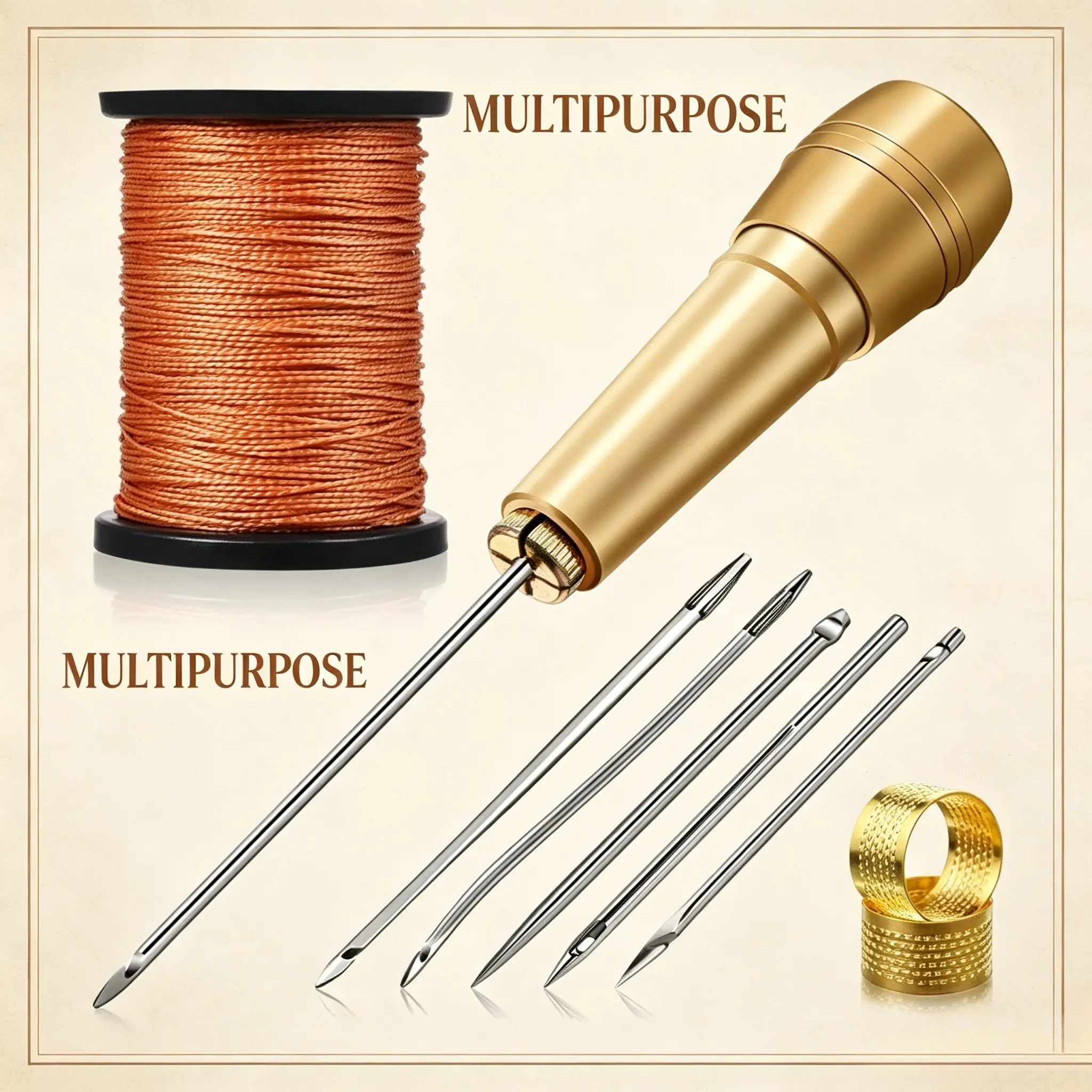 Leather Sewing Awl Kit - 6-Piece Sewing Accessories and Supplies, Copper-Handle Tools, Upholstery Repair Set with 50m Nylon Thread, 2 Thimbles, Swappable Needles for Leather Repair, DIY Projects, Sewing Tools Utensils Thick
