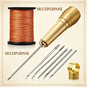 Leather Sewing Awl Kit – 6 Pieces with Copper Handle, Upholstery Repair Tool Set Includes 50M Nylon Thread & 2 Thimbles for Handmade Leather, Shoes, Sofa Repair