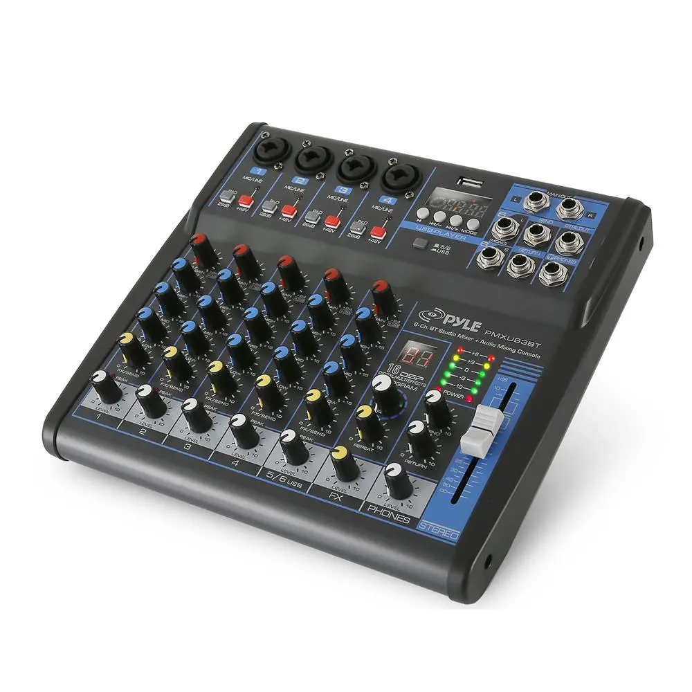 6-Channel Digital Audio Mixer with Bluetooth Wireless Streaming, 48V Phantom Power, Stereo Sound, LCD Display, Lights, Smart Controller, Adapter, Smartphone Receiver