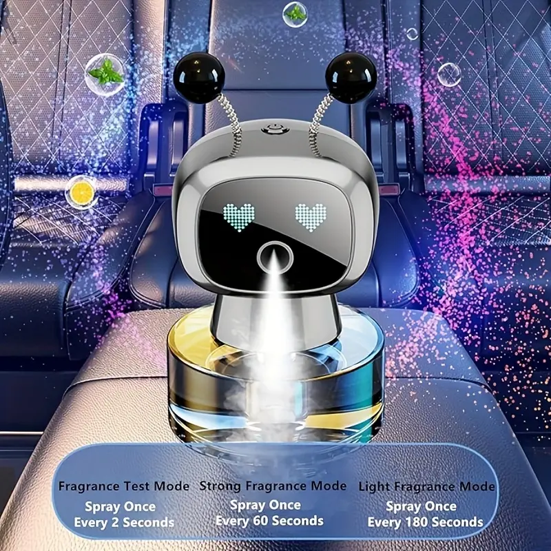 Robot Smart Car Air Freshener, USB Charging Design, Automatic Fragrance Spraying When The Car Starts And Stops, AI Expression Changes In Fun, Four Levels Of Fragrance Concentration Can Be Adjusted At Will, Ideal Car Decoration, The Gift