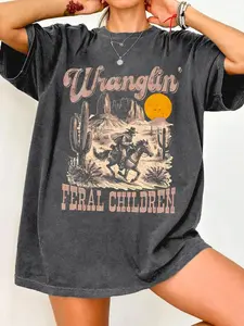 Women's Vintage Cowboy & Landscape Print Round Neck Tee, Casual Short Sleeve T-shirt for Daily Wear, Ladies Summer Tops