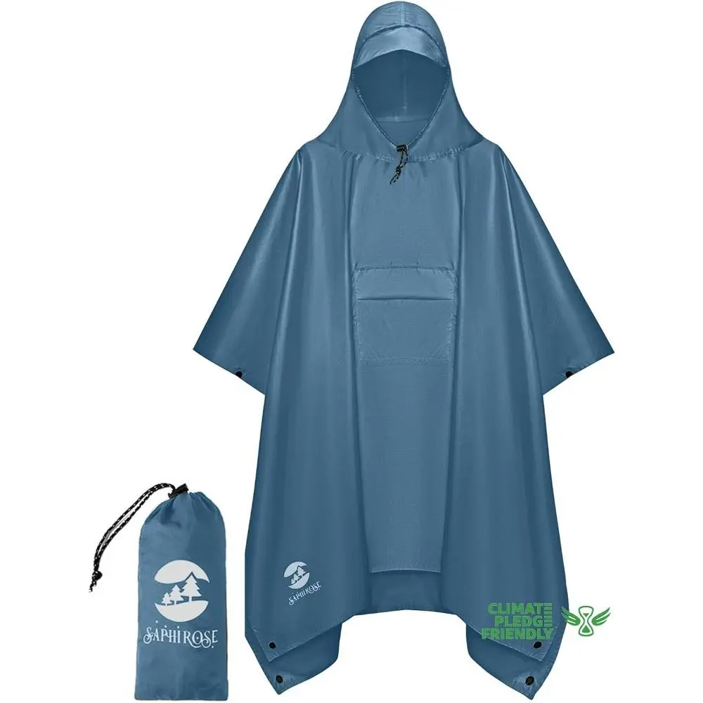 Extra Thick Hooded Rain Poncho Double Layer Waterproof Raincoat Jacket for Men Women Adults
