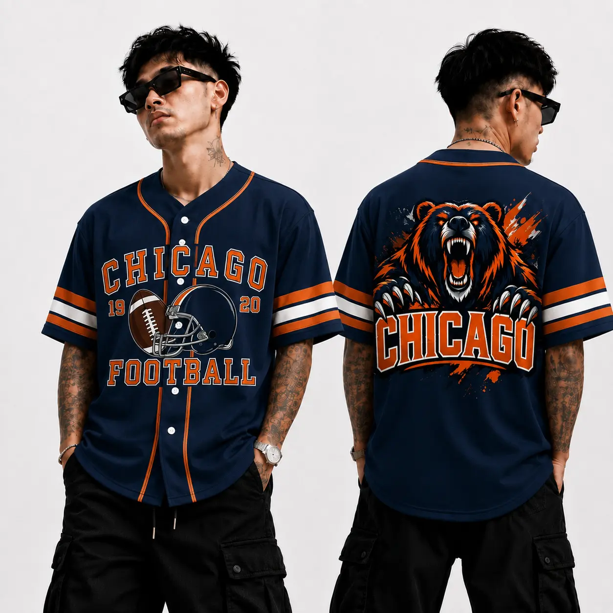 Chicago Football Game Day Baseball Jersey – Navy Orange Button Down Sports Shirt, Retro Helmet & Bear Graphic, Unisex Football Fan Apparel